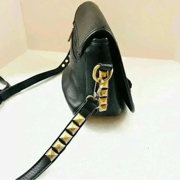 MMS Black Faux Leather w/ Gold Studded Hardware Adjustable Strap Crossbody Bag - Picture 4 of 15